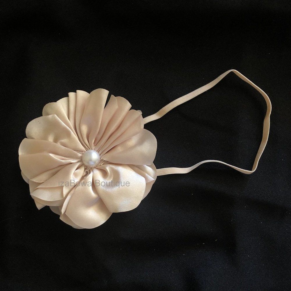 Tan Satin Flower w/ Pearl Center Headband  SPHB7   HANDCRAFTED  Boutique